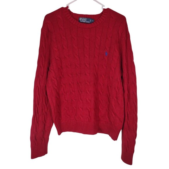 Polo Ralph Lauren Sweater Woman Size Large Red Chunky Cable Knit Pony Preppy - Picture 1 of 4